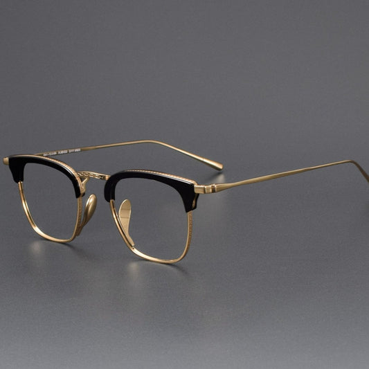 KameManNen Style KMN - 1112 Browline Titanium Eyeglasses | Japanese Minimalist Pure Titanium Frame with Acetate Rim | Lightweight Square Full - Rim Glasses for High Prescription - HP eyeglasses