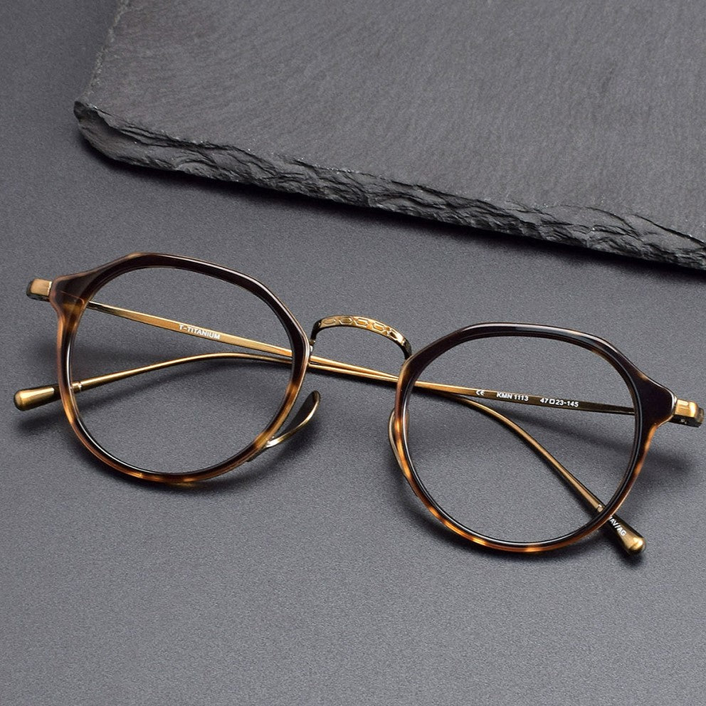 KameManNen Style KMN1113 Pure Titanium Eyeglass Frame | Retro Tortoiseshell Acetate Polygon Glasses – Lightweight Vintage Full Frame for Men & Women - HP eyeglasses