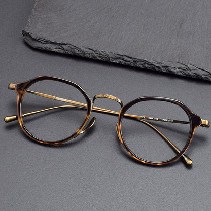KameManNen Style KMN1113 Pure Titanium Eyeglass Frame | Retro Tortoiseshell Acetate Polygon Glasses – Lightweight Vintage Full Frame for Men & Women - HP eyeglasses