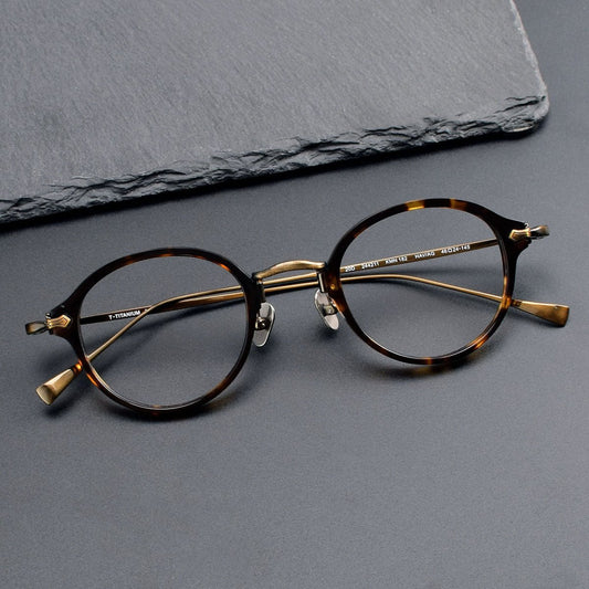 KameManNen Style KMN182 Round Titanium Eyeglasses | Japanese Retro Small Frame Acetate & Pure Titanium Glasses | High Prescription Full Rim Eyewear for Men & Women - HP eyeglasses
