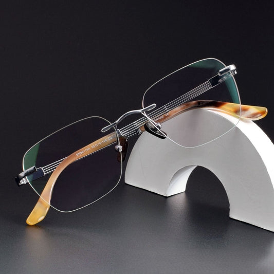 Luxury Rimless Polygon Glasses with Buffalo Horn Temples | Pure Titanium Designer Eyeglass Frame SH00118A - HP eyeglasses
