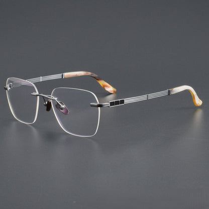 Luxury Rimless Polygon Glasses with Buffalo Horn Temples | Pure Titanium Designer Eyeglass Frame SH00118A - HP eyeglasses