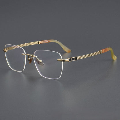 Luxury Rimless Polygon Glasses with Buffalo Horn Temples | Pure Titanium Designer Eyeglass Frame SH00118A - HP eyeglasses