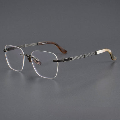 Luxury Rimless Polygon Glasses with Buffalo Horn Temples | Pure Titanium Designer Eyeglass Frame SH00118A - HP eyeglasses