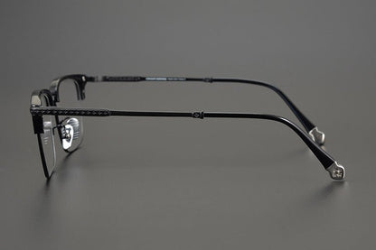 Minimalist Japanese Browline Eyeglasses – High Quality Pure Titanium & Acetate Semi - Rimless Frame with Cross Engraving | Business Style Lightweight Glasses for Men & Women - HP eyeglasses