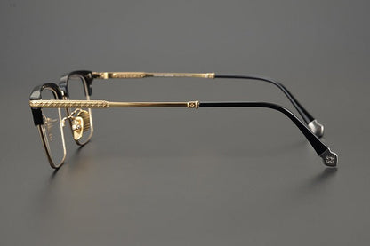 Minimalist Japanese Browline Eyeglasses – High Quality Pure Titanium & Acetate Semi - Rimless Frame with Cross Engraving | Business Style Lightweight Glasses for Men & Women - HP eyeglasses