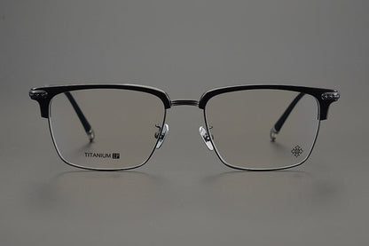 Minimalist Japanese Browline Eyeglasses – High Quality Pure Titanium & Acetate Semi - Rimless Frame with Cross Engraving | Business Style Lightweight Glasses for Men & Women - HP eyeglasses