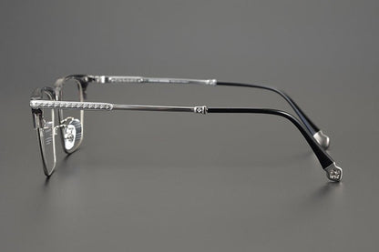 Minimalist Japanese Browline Eyeglasses – High Quality Pure Titanium & Acetate Semi - Rimless Frame with Cross Engraving | Business Style Lightweight Glasses for Men & Women - HP eyeglasses