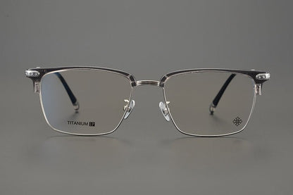 Minimalist Japanese Browline Eyeglasses – High Quality Pure Titanium & Acetate Semi - Rimless Frame with Cross Engraving | Business Style Lightweight Glasses for Men & Women - HP eyeglasses