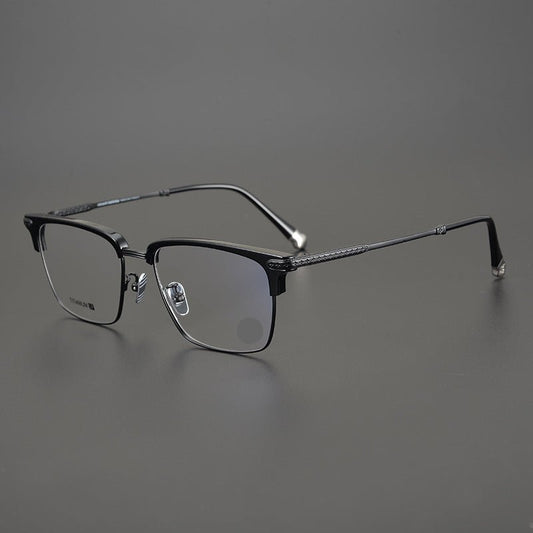 Minimalist Japanese Browline Eyeglasses – High Quality Pure Titanium & Acetate Semi - Rimless Frame with Cross Engraving | Business Style Lightweight Glasses for Men & Women - HP eyeglasses