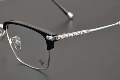 Minimalist Japanese Browline Eyeglasses – High Quality Pure Titanium & Acetate Semi - Rimless Frame with Cross Engraving | Business Style Lightweight Glasses for Men & Women - HP eyeglasses