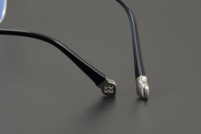 Minimalist Japanese Browline Eyeglasses – High Quality Pure Titanium & Acetate Semi - Rimless Frame with Cross Engraving | Business Style Lightweight Glasses for Men & Women - HP eyeglasses