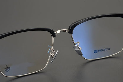 Minimalist Japanese Browline Eyeglasses – High Quality Pure Titanium & Acetate Semi - Rimless Frame with Cross Engraving | Business Style Lightweight Glasses for Men & Women - HP eyeglasses