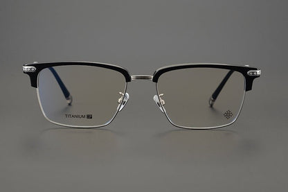 Minimalist Japanese Browline Eyeglasses – High Quality Pure Titanium & Acetate Semi - Rimless Frame with Cross Engraving | Business Style Lightweight Glasses for Men & Women - HP eyeglasses