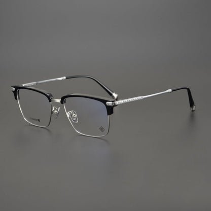 Minimalist Japanese Browline Eyeglasses – High Quality Pure Titanium & Acetate Semi - Rimless Frame with Cross Engraving | Business Style Lightweight Glasses for Men & Women - HP eyeglasses