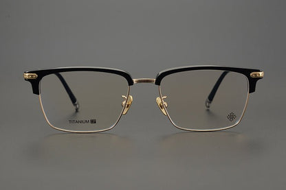 Minimalist Japanese Browline Eyeglasses – High Quality Pure Titanium & Acetate Semi - Rimless Frame with Cross Engraving | Business Style Lightweight Glasses for Men & Women - HP eyeglasses