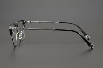 Minimalist Japanese Browline Eyeglasses – High Quality Pure Titanium & Acetate Semi - Rimless Frame with Cross Engraving | Business Style Lightweight Glasses for Men & Women - HP eyeglasses