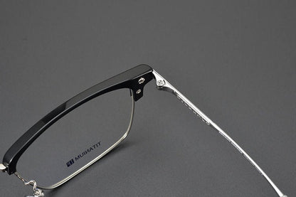 Minimalist Japanese Browline Eyeglasses – High Quality Pure Titanium & Acetate Semi - Rimless Frame with Cross Engraving | Business Style Lightweight Glasses for Men & Women - HP eyeglasses