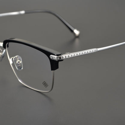 Minimalist Japanese Browline Eyeglasses – High Quality Pure Titanium & Acetate Semi - Rimless Frame with Cross Engraving | Business Style Lightweight Glasses for Men & Women - HP eyeglasses