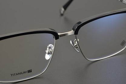 Minimalist Japanese Browline Eyeglasses – High Quality Pure Titanium & Acetate Semi - Rimless Frame with Cross Engraving | Business Style Lightweight Glasses for Men & Women - HP eyeglasses