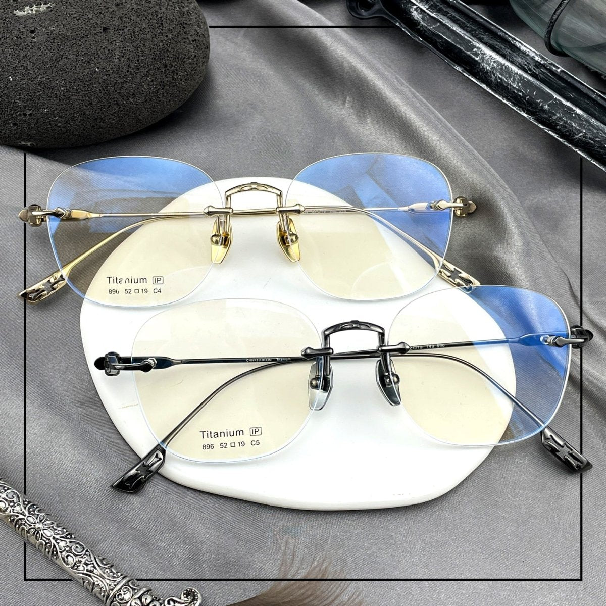 Pure Titanium Gothic Rectangular Glasses with Cross-Detail Temples – EO-896 - HP eyeglasses