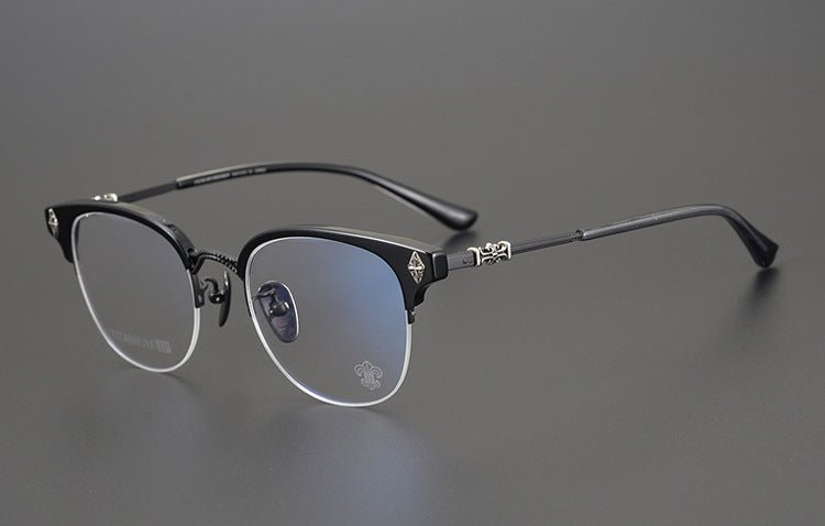 TANG Chrome Hearts Style Browline Glasses Men – Vintage Semi - Rimless Titanium Eyeglass Frame, Gothic Cross Design Optical Glasses for Men & Women - HP eyeglasses