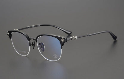TANG Chrome Hearts Style Browline Glasses Men – Vintage Semi - Rimless Titanium Eyeglass Frame, Gothic Cross Design Optical Glasses for Men & Women - HP eyeglasses