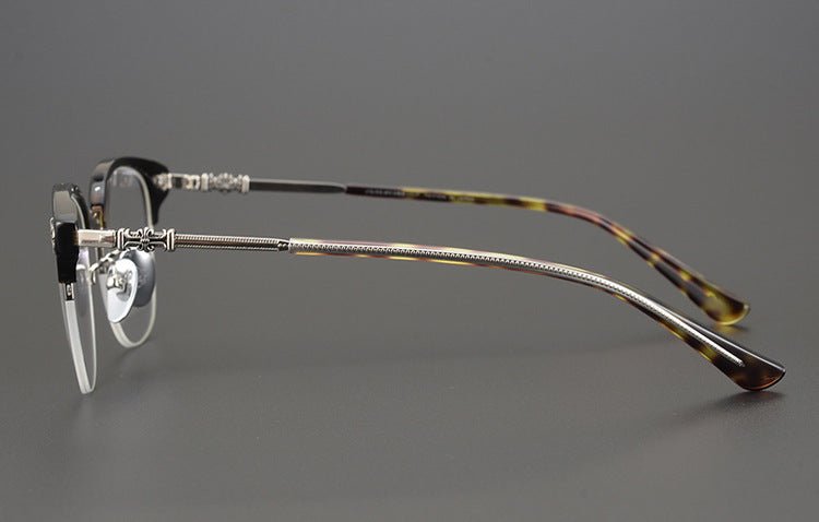 TANG Chrome Hearts Style Browline Glasses Men – Vintage Semi - Rimless Titanium Eyeglass Frame, Gothic Cross Design Optical Glasses for Men & Women - HP eyeglasses