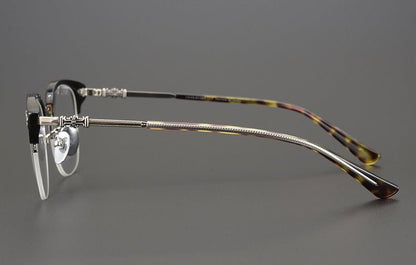 TANG Chrome Hearts Style Browline Glasses Men – Vintage Semi - Rimless Titanium Eyeglass Frame, Gothic Cross Design Optical Glasses for Men & Women - HP eyeglasses
