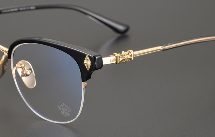 TANG Chrome Hearts Style Browline Glasses Men – Vintage Semi - Rimless Titanium Eyeglass Frame, Gothic Cross Design Optical Glasses for Men & Women - HP eyeglasses