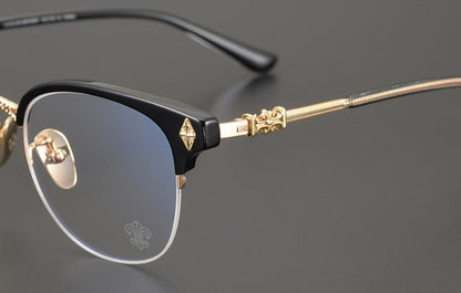 TANG Chrome Hearts Style Browline Glasses Men – Vintage Semi - Rimless Titanium Eyeglass Frame, Gothic Cross Design Optical Glasses for Men & Women - HP eyeglasses