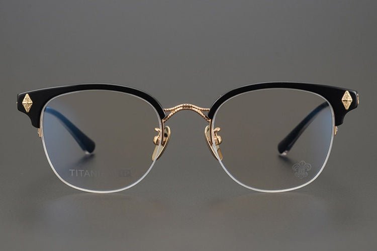 TANG Chrome Hearts Style Browline Glasses Men – Vintage Semi - Rimless Titanium Eyeglass Frame, Gothic Cross Design Optical Glasses for Men & Women - HP eyeglasses