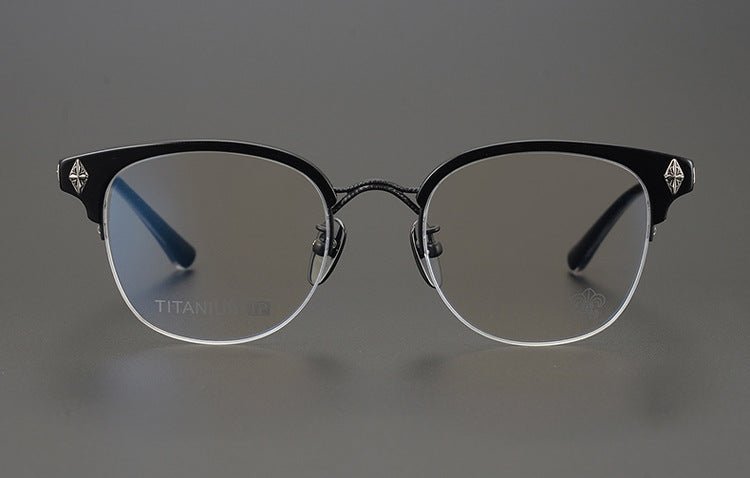 TANG Chrome Hearts Style Browline Glasses Men – Vintage Semi - Rimless Titanium Eyeglass Frame, Gothic Cross Design Optical Glasses for Men & Women - HP eyeglasses