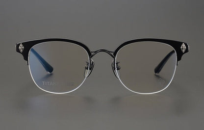 TANG Chrome Hearts Style Browline Glasses Men – Vintage Semi - Rimless Titanium Eyeglass Frame, Gothic Cross Design Optical Glasses for Men & Women - HP eyeglasses