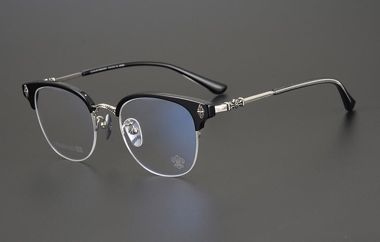 TANG Chrome Hearts Style Browline Glasses Men – Vintage Semi - Rimless Titanium Eyeglass Frame, Gothic Cross Design Optical Glasses for Men & Women - HP eyeglasses