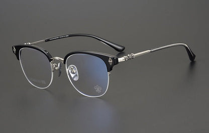 TANG Chrome Hearts Style Browline Glasses Men – Vintage Semi - Rimless Titanium Eyeglass Frame, Gothic Cross Design Optical Glasses for Men & Women - HP eyeglasses