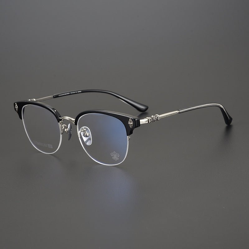 TANG Chrome Hearts Style Browline Glasses Men – Vintage Semi - Rimless Titanium Eyeglass Frame, Gothic Cross Design Optical Glasses for Men & Women - HP eyeglasses