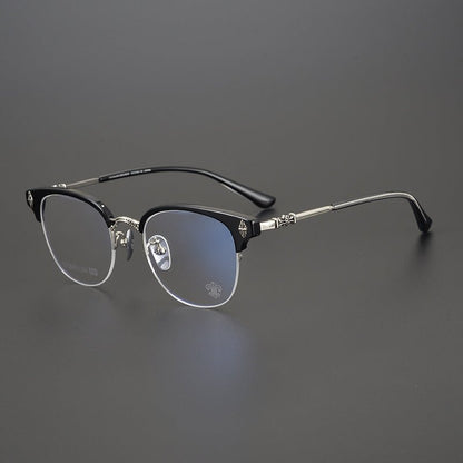 TANG Chrome Hearts Style Browline Glasses Men – Vintage Semi - Rimless Titanium Eyeglass Frame, Gothic Cross Design Optical Glasses for Men & Women - HP eyeglasses