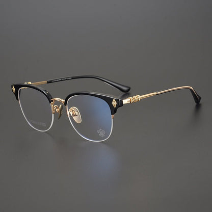 TANG Chrome Hearts Style Browline Glasses Men – Vintage Semi - Rimless Titanium Eyeglass Frame, Gothic Cross Design Optical Glasses for Men & Women - HP eyeglasses