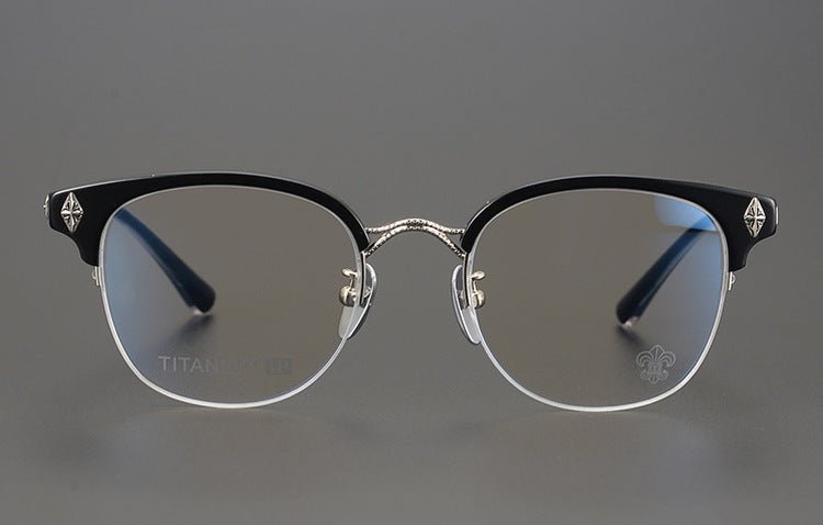 TANG Chrome Hearts Style Browline Glasses Men – Vintage Semi - Rimless Titanium Eyeglass Frame, Gothic Cross Design Optical Glasses for Men & Women - HP eyeglasses