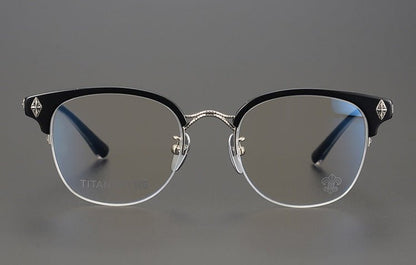 TANG Chrome Hearts Style Browline Glasses Men – Vintage Semi - Rimless Titanium Eyeglass Frame, Gothic Cross Design Optical Glasses for Men & Women - HP eyeglasses