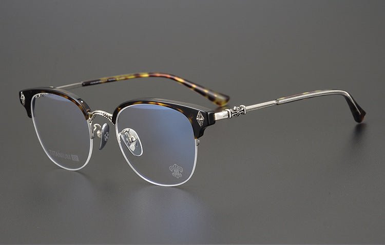 TANG Chrome Hearts Style Browline Glasses Men – Vintage Semi - Rimless Titanium Eyeglass Frame, Gothic Cross Design Optical Glasses for Men & Women - HP eyeglasses