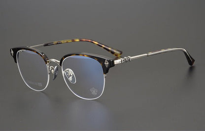 TANG Chrome Hearts Style Browline Glasses Men – Vintage Semi - Rimless Titanium Eyeglass Frame, Gothic Cross Design Optical Glasses for Men & Women - HP eyeglasses