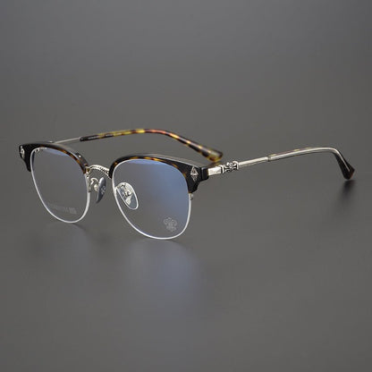 TANG Chrome Hearts Style Browline Glasses Men – Vintage Semi - Rimless Titanium Eyeglass Frame, Gothic Cross Design Optical Glasses for Men & Women - HP eyeglasses