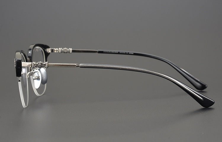 TANG Chrome Hearts Style Browline Glasses Men – Vintage Semi - Rimless Titanium Eyeglass Frame, Gothic Cross Design Optical Glasses for Men & Women - HP eyeglasses
