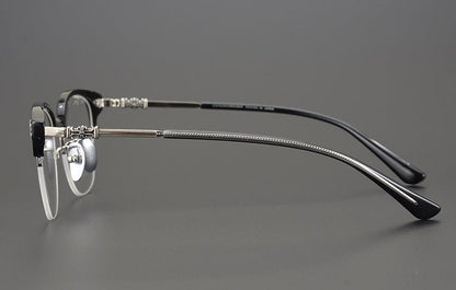 TANG Chrome Hearts Style Browline Glasses Men – Vintage Semi - Rimless Titanium Eyeglass Frame, Gothic Cross Design Optical Glasses for Men & Women - HP eyeglasses