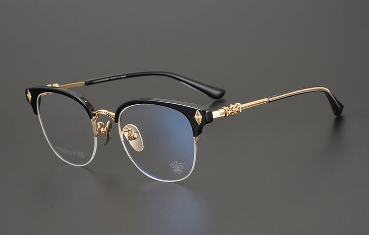 TANG Chrome Hearts Style Browline Glasses Men – Vintage Semi - Rimless Titanium Eyeglass Frame, Gothic Cross Design Optical Glasses for Men & Women - HP eyeglasses