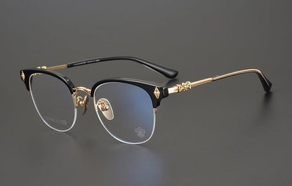 TANG Chrome Hearts Style Browline Glasses Men – Vintage Semi - Rimless Titanium Eyeglass Frame, Gothic Cross Design Optical Glasses for Men & Women - HP eyeglasses