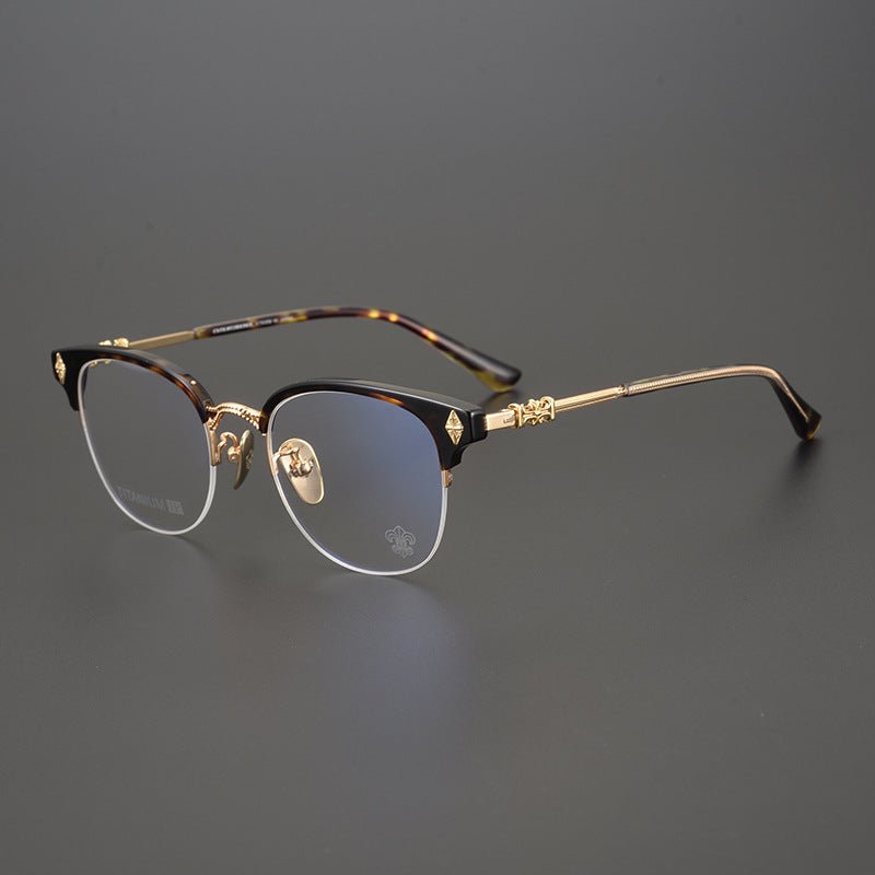 TANG Chrome Hearts Style Browline Glasses Men – Vintage Semi - Rimless Titanium Eyeglass Frame, Gothic Cross Design Optical Glasses for Men & Women - HP eyeglasses
