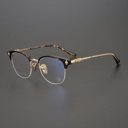 TANG Chrome Hearts Style Browline Glasses Men – Vintage Semi - Rimless Titanium Eyeglass Frame, Gothic Cross Design Optical Glasses for Men & Women - HP eyeglasses